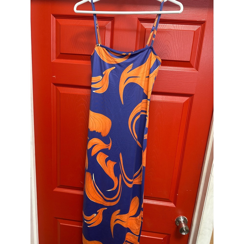 SHEIN Blue Orange Abstract Swirl Print Sleeveless Maxi Slip Dress Small US 4